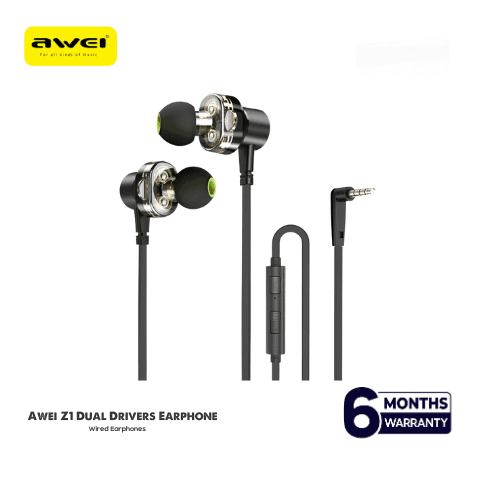 Awei Z1 Dual Drivers Wired In-ear Earphone Deep Bass Stereo with Mic ( Six Month Warrenty)