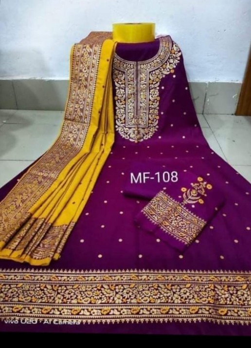 আকর্ষণীয় ডিজাইনে আনস্টিচড কটন থ্রি পিস