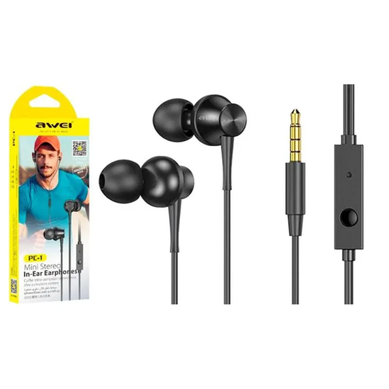 Awei PC-1 Earphones Headphones Mini Stereo In-Ear Earphone 3.5mm Aux Jack Earphone with 3 Sizes of Earbuds
