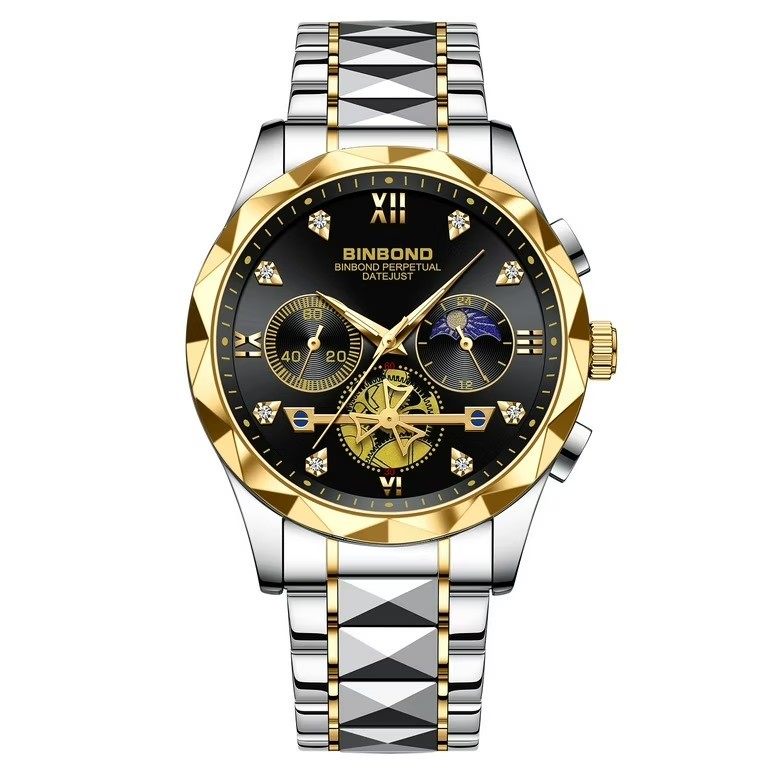 BINBOND B1236 Brand Fashion Tourbillon Dial Quartz Watches Men’s Luxury Stainless Steel + Free Chain cutter